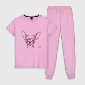 Женская пижама хлопок с принтом Чихуахуа в розовых очках в Рязани, 100% хлопок | брюки и футболка прямого кроя, без карманов, на брюках мягкая резинка на поясе и по низу штанин | домашние животные | пес | собака