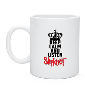 Кружка с принтом Keep calm and listen Slipknot в Рязани, керамика | объем — 330 мл, диаметр — 80 мм. Принт наносится на бока кружки, можно сделать два разных изображения | Тематика изображения на принте: slipknot | альтернативный | грув | кори тейлор | крис фен | метал | музыка | ню | рок | слайпкнот | слипкнот | слипнот