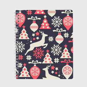 Тетрадь с принтом Зимние фантазии в Рязани, 100% бумага | 48 листов, плотность листов — 60 г/м2, плотность картонной обложки — 250 г/м2. Листы скреплены сбоку удобной пружинной спиралью. Уголки страниц и обложки скругленные. Цвет линий — светло-серый
 | елка | елочные игрушки | новый год | олень | снег | снежинки