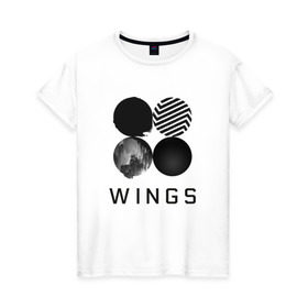 Женская футболка хлопок с принтом BTS wings в Рязани, 100% хлопок | прямой крой, круглый вырез горловины, длина до линии бедер, слегка спущенное плечо | Тематика изображения на принте: bangtan boys | bts | bts army | бантаны бтс