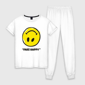 Женская пижама хлопок с принтом Fake Happy в Рязани, 100% хлопок | брюки и футболка прямого кроя, без карманов, на брюках мягкая резинка на поясе и по низу штанин | 