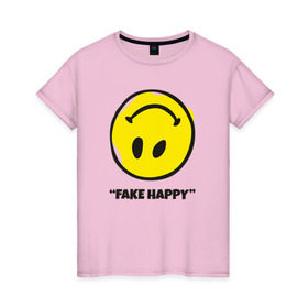 Женская футболка хлопок с принтом Fake Happy в Рязани, 100% хлопок | прямой крой, круглый вырез горловины, длина до линии бедер, слегка спущенное плечо | 