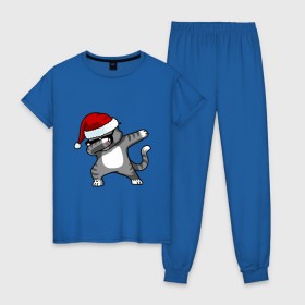 Женская пижама хлопок с принтом DAB Cat Santa в Рязани, 100% хлопок | брюки и футболка прямого кроя, без карманов, на брюках мягкая резинка на поясе и по низу штанин | даб | кот | новогодний | рождество | шапка