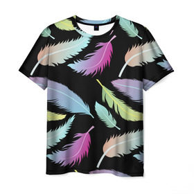 Мужская футболка 3D с принтом Радужные перья в Рязани, 100% полиэфир | прямой крой, круглый вырез горловины, длина до линии бедер | арт | белый | мульт | новинки | прикольный | птица | рисунок | сова | филин | черный
