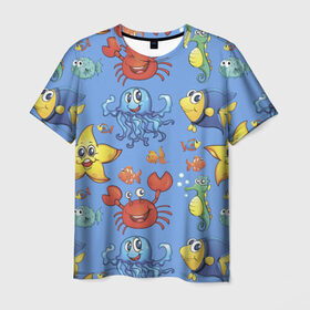 Мужская футболка 3D с принтом Морское приключения в Рязани, 100% полиэфир | прямой крой, круглый вырез горловины, длина до линии бедер | конек | краб | рак | рыба