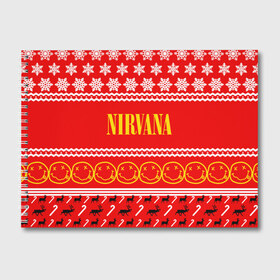 Альбом для рисования с принтом Праздничный Nirvana в Рязани, 100% бумага
 | матовая бумага, плотность 200 мг. | cobain | kurt | nirvana | альтернативный | гранж | группа | дональд | знак | кобейн | красный | курт | музыка | музыкант | надпись | нервана | нирвана | новогодний | новоселич | новый год | певец | праздник