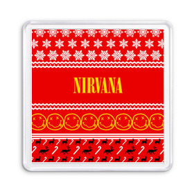 Магнит 55*55 с принтом Праздничный Nirvana в Рязани, Пластик | Размер: 65*65 мм; Размер печати: 55*55 мм | Тематика изображения на принте: cobain | kurt | nirvana | альтернативный | гранж | группа | дональд | знак | кобейн | красный | курт | музыка | музыкант | надпись | нервана | нирвана | новогодний | новоселич | новый год | певец | праздник