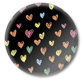 Значок с принтом Разноцветные сердечки в Рязани,  металл | круглая форма, металлическая застежка в виде булавки | Тематика изображения на принте: 14 | love | валентин | губы | день | любовь | подарок | поцелуй | сердце | страсть | февраль