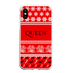 Чехол для iPhone XS Max матовый с принтом Праздничный Queen в Рязани, Силикон | Область печати: задняя сторона чехла, без боковых панелей | Тематика изображения на принте: paul rodg | queen | quen | брайан мэй | глэм | группа | джон дикон | знак | квин | королева | красный | куин | меркури | меркьюри | мэркури | надпись | новогодний | новый год | поп | праздник | роджер тейлор