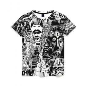 Женская футболка 3D с принтом Стикербомбинг NEW искусство в Рязани, 100% полиэфир ( синтетическое хлопкоподобное полотно) | прямой крой, круглый вырез горловины, длина до линии бедер | искусство | стикер | стикербомбинг | чб | чернобелый