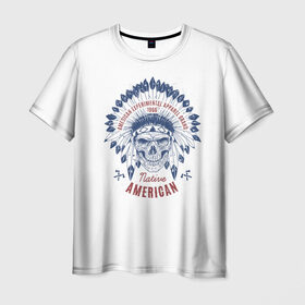Мужская футболка 3D с принтом Native American в Рязани, 100% полиэфир | прямой крой, круглый вырез горловины, длина до линии бедер | america | chieftain | feathers | indian | native american | skeleton | skull | tattoo | америка | американец | вождь | индеец | перья | скелет | тату | череп