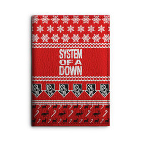 Обложка для автодокументов с принтом Праздничный System of a Down в Рязани, натуральная кожа |  размер 19,9*13 см; внутри 4 больших “конверта” для документов и один маленький отдел — туда идеально встанут права | soad | soil | system of a down | группа | дав | дарон малакян | джон долмаян | знак | красный | надпись | новогодний | новый год | оф | праздник | рождество | рок | серж танкян | систем | снежинки | соад | сод | соэд