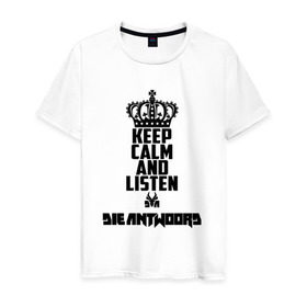 Мужская футболка хлопок с принтом Keep calm and listen Die Antwoord в Рязани, 100% хлопок | прямой крой, круглый вырез горловины, длина до линии бедер, слегка спущенное плечо. | da | die antwoord | dj hi tek | ninja | группа | да | диа адвордс | диа антвордс | диа антворс | диа антордс | диджей | зэф | йо ланди фиссер | ответ | рейв | хип хоп