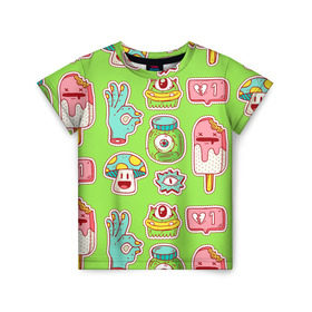 Детская футболка 3D с принтом Страшилки монстрики в Рязани, 100% гипоаллергенный полиэфир | прямой крой, круглый вырез горловины, длина до линии бедер, чуть спущенное плечо, ткань немного тянется | глаз | монстр | мороженое | мультик | приведение | розовый | ужасы | улыбка | цветная
