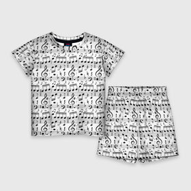 Детский костюм с шортами 3D с принтом Нотный стан в Рязани,  |  | бемоль | диез | до | ля | ми | ноты | октава | паттерн | ре | си | скрипичный ключ | соль | фа