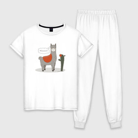 Женская пижама хлопок с принтом alpaca-llama в Рязани, 100% хлопок | брюки и футболка прямого кроя, без карманов, на брюках мягкая резинка на поясе и по низу штанин | alpaca | llama | альпака | кактус | лама