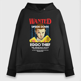 Женское худи Oversize хлопок с принтом Wanted Eggo Thief 11 в Рязани, френч-терри — 70% хлопок, 30% полиэстер. Мягкий теплый начес внутри —100% хлопок | боковые карманы, эластичные манжеты и нижняя кромка, капюшон на магнитной кнопке | 11 | netflix | stranger | things | бобби | браун | милли | нетфликс | одиннадцать