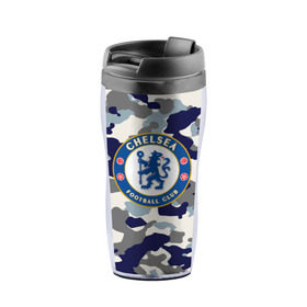 Термокружка-непроливайка с принтом FC Chelsea Camouflage в Рязани, внутренняя часть — пищевой пластик, наружная часть — прозрачный пластик, между ними — полиграфическая вставка с рисунком | объем — 350 мл, герметичная крышка | 