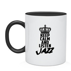 Кружка двухцветная с принтом Keep calm and listen Jazz в Рязани, керамика | объем — 330 мл, диаметр — 80 мм. Цветная ручка и кайма сверху, в некоторых цветах — вся внутренняя часть | jazz | африканские ритмы | афроамериканский | блюз | вокально | гармоническая | джаз | джас | европейская | жаз | жас | инструментальная | музыка | музыкальный | регтайм | структура | фольклор