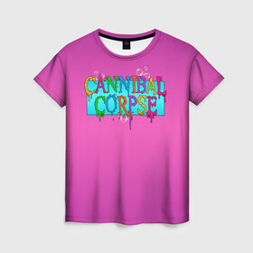 Женская футболка 3D с принтом Cannibal Corpse в Рязани, 100% полиэфир ( синтетическое хлопкоподобное полотно) | прямой крой, круглый вырез горловины, длина до линии бедер | band | cannibal corpse | fun | logo | metal | music | rock | группа | детский | метал | музыка | прикол | розовый | рок