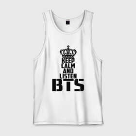 Мужская майка хлопок с принтом Keep calm and listen BTS в Рязани, 100% хлопок |  | Тематика изображения на принте: bangtan boys | bts | j hope | jimin | jin | jungkook | k pop | rm | sonyeondan | suga | v | бойз бойс | бойскауты | бтс бенгтан. бангтан | группа | к поп | корейская | пуленепробиваемые | хип хоп