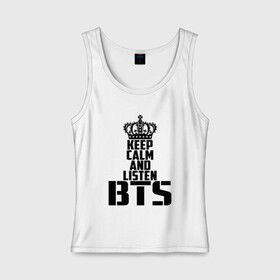 Женская майка хлопок с принтом Keep calm and listen BTS в Рязани, 95% хлопок, 5% эластан |  | Тематика изображения на принте: bangtan boys | bts | j hope | jimin | jin | jungkook | k pop | rm | sonyeondan | suga | v | бойз бойс | бойскауты | бтс бенгтан. бангтан | группа | к поп | корейская | пуленепробиваемые | хип хоп