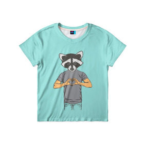 Детская футболка 3D с принтом Енот Хипстер Love в Рязани, 100% гипоаллергенный полиэфир | прямой крой, круглый вырез горловины, длина до линии бедер, чуть спущенное плечо, ткань немного тянется | hipster | love | story | енот | животные | любовь | хипстер | человек