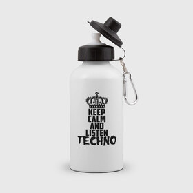 Бутылка спортивная с принтом Keep calm and listen Techno в Рязани, металл | емкость — 500 мл, в комплекте две пластиковые крышки и карабин для крепления | Тематика изображения на принте: ebm | edm | hi nrg | techno | габбер | даб | детройт | дип | индастриал | италиан | минимал | музыка | синтипоп | тек хаус | техно | фанк | хард | чикаго хаус | шранц | эйсид | электро | электронная