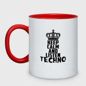 Кружка двухцветная с принтом Keep calm and listen Techno в Рязани, керамика | объем — 330 мл, диаметр — 80 мм. Цветная ручка и кайма сверху, в некоторых цветах — вся внутренняя часть | Тематика изображения на принте: ebm | edm | hi nrg | techno | габбер | даб | детройт | дип | индастриал | италиан | минимал | музыка | синтипоп | тек хаус | техно | фанк | хард | чикаго хаус | шранц | эйсид | электро | электронная