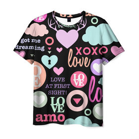 Мужская футболка 3D с принтом Любовь на разных языках в Рязани, 100% полиэфир | прямой крой, круглый вырез горловины, длина до линии бедер | 14 | love | валентин | губы | день | любовь | подарок | поцелуй | сердце | страсть | февраль