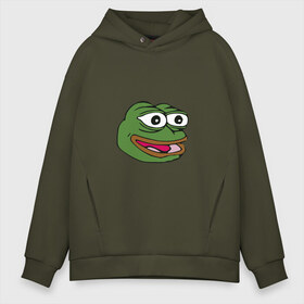 Мужское худи Oversize хлопок с принтом Pepe frog в Рязани, френч-терри — 70% хлопок, 30% полиэстер. Мягкий теплый начес внутри —100% хлопок | боковые карманы, эластичные манжеты и нижняя кромка, капюшон на магнитной кнопке | meme pepe мем прикол лягушка