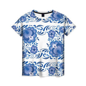 Женская футболка 3D с принтом Гжель в Рязани, 100% полиэфир ( синтетическое хлопкоподобное полотно) | прямой крой, круглый вырез горловины, длина до линии бедер | Тематика изображения на принте: гжель | текстура | узор | цветы