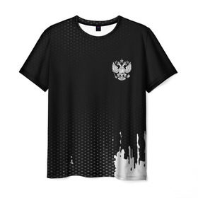 Мужская футболка 3D с принтом Russia black collection в Рязани, 100% полиэфир | прямой крой, круглый вырез горловины, длина до линии бедер | abstraction | grunge | russia | sport | абстракция | герб | краска | русский | символика рф | спорт | спортивный | триколор | униформа | форма | я русский