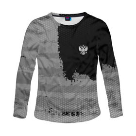 Женский лонгслив 3D с принтом Russia Sport collection Gray в Рязани, 100% полиэстер | длинные рукава, круглый вырез горловины, полуприлегающий силуэт | Тематика изображения на принте: abstraction | grunge | russia | sport | абстракция | герб | краска | русский | символика рф | спорт | спортивный | триколор | униформа | форма | я русский