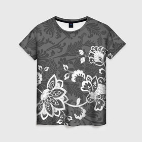 Женская футболка 3D с принтом Кружевной узор в Рязани, 100% полиэфир ( синтетическое хлопкоподобное полотно) | прямой крой, круглый вырез горловины, длина до линии бедер | flowers | pattern | арт | винтаж | кружева | орнамент | текстура | узор | цветы | черно белый