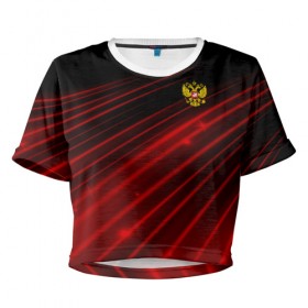 Женская футболка 3D укороченная с принтом Russia Sport 2018 uniform в Рязани, 100% полиэстер | круглая горловина, длина футболки до линии талии, рукава с отворотами | abstraction | grunge | russia | sport | абстракция | герб | краска | русский | символика рф | спорт | спортивный | триколор | униформа | форма | я русский