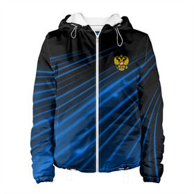 Женская куртка 3D с принтом Russia Sport 2018 uniform в Рязани, ткань верха — 100% полиэстер, подклад — флис | прямой крой, подол и капюшон оформлены резинкой с фиксаторами, два кармана без застежек по бокам, один большой потайной карман на груди. Карман на груди застегивается на липучку | Тематика изображения на принте: abstraction | grunge | russia | sport | абстракция | герб | краска | русский | символика рф | спорт | спортивный | триколор | униформа | форма | я русский