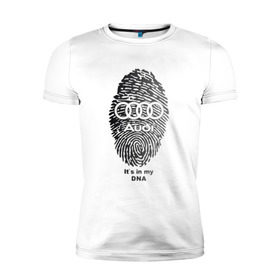 Мужская футболка премиум с принтом Audi it`s in my DNA в Рязани, 92% хлопок, 8% лайкра | приталенный силуэт, круглый вырез ворота, длина до линии бедра, короткий рукав | Тематика изображения на принте: ауди | кольца | лого | отпечаток
