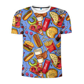 Мужская футболка 3D спортивная с принтом Fastfood в Рязани, 100% полиэстер с улучшенными характеристиками | приталенный силуэт, круглая горловина, широкие плечи, сужается к линии бедра | chicken | coffee | cola | drink | dunts | eat | fastfood | frenchfires | hotdog | lollypop | pizza | sweets | бургер | еда | кола | кофе | лимонад | напитки | пицца | пончик | фастфуд | хотдог