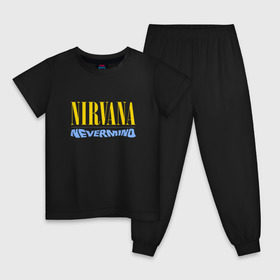 Детская пижама хлопок с принтом Nirvana nevermino в Рязани, 100% хлопок |  брюки и футболка прямого кроя, без карманов, на брюках мягкая резинка на поясе и по низу штанин
 | Тематика изображения на принте: cobain | kurt | nevermino | nirvana | альтернативный | гранж | грол | группа | дональд | кобейн | курт | музыка | надпись | нервана | нирвана | новоселич | певец | рок | смайл | смайлик | солист