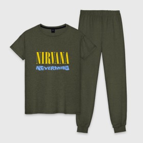 Женская пижама хлопок с принтом Nirvana nevermino в Рязани, 100% хлопок | брюки и футболка прямого кроя, без карманов, на брюках мягкая резинка на поясе и по низу штанин | cobain | kurt | nevermino | nirvana | альтернативный | гранж | грол | группа | дональд | кобейн | курт | музыка | надпись | нервана | нирвана | новоселич | певец | рок | смайл | смайлик | солист