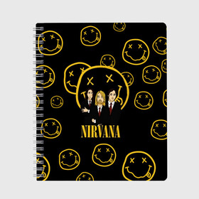 Тетрадь с принтом Nirvana в Рязани, 100% бумага | 48 листов, плотность листов — 60 г/м2, плотность картонной обложки — 250 г/м2. Листы скреплены сбоку удобной пружинной спиралью. Уголки страниц и обложки скругленные. Цвет линий — светло-серый
 | Тематика изображения на принте: cobain | kurt | nevermino | nirvana | альтернативный | гранж | грол | группа | дональд | кобейн | курт | музыка | надпись | нервана | нирвана | новоселич | певец | рок | смайл | смайлик | солист