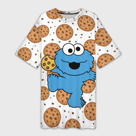 Платье-футболка 3D с принтом Cookie monster в Рязани,  |  | cookie | cookiemonster | delicious | eat | monster | yummy | еда | куки | кукимонстр | монстр | печенье | сладости | улица | улицасезам