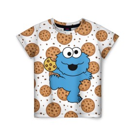 Детская футболка 3D с принтом Cookie monster в Рязани, 100% гипоаллергенный полиэфир | прямой крой, круглый вырез горловины, длина до линии бедер, чуть спущенное плечо, ткань немного тянется | cookie | cookiemonster | delicious | eat | monster | yummy | еда | куки | кукимонстр | монстр | печенье | сладости | улица | улицасезам