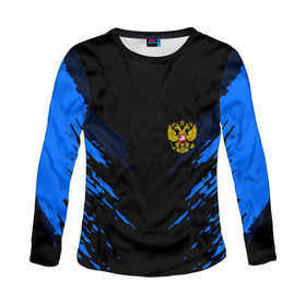 Женский лонгслив 3D с принтом Russia-sport collection BLUE в Рязани, 100% полиэстер | длинные рукава, круглый вырез горловины, полуприлегающий силуэт | abstraction | grunge | russia | sport | абстракция | герб | краска | русский | символика рф | спорт | спортивный | триколор | униформа | форма | я русский