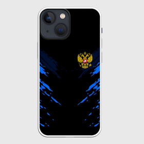 Чехол для iPhone 13 mini с принтом Russia sport collection BLUE в Рязани,  |  | abstraction | grunge | russia | sport | абстракция | герб | краска | русский | символика рф | спорт | спортивный | триколор | униформа | форма | я русский