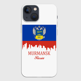 Чехол для iPhone 13 mini с принтом MURMANSK (Мурманск) в Рязани,  |  | Тематика изображения на принте: 51 | murmansk | ru | rus | герб | знак | мурманск | мурманская | надпись | область | патриот | полосы | российская | российский | россия | русская | русский | рф | символ | страна | флаг | флага | цвета