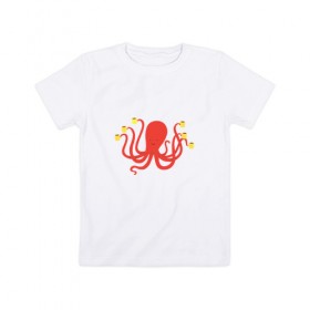 Детская футболка хлопок с принтом Осьминог и кофе в Рязани, 100% хлопок | круглый вырез горловины, полуприлегающий силуэт, длина до линии бедер | кофе | море | океан | осьминоги | чай