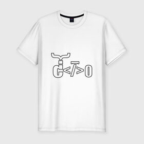 Мужская футболка премиум с принтом Велосипед программиста в Рязани, 92% хлопок, 8% лайкра | приталенный силуэт, круглый вырез ворота, длина до линии бедра, короткий рукав | Тематика изображения на принте: велосипед | код | программирование | программист | символы