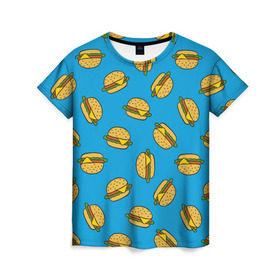 Женская футболка 3D с принтом Бургеры в Рязани, 100% полиэфир ( синтетическое хлопкоподобное полотно) | прямой крой, круглый вырез горловины, длина до линии бедер | burger | fast food | food | pattern | бургер | еда | паттерн | фастфуд